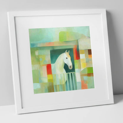 Geometric Stable Grey horse stable art print in white frame