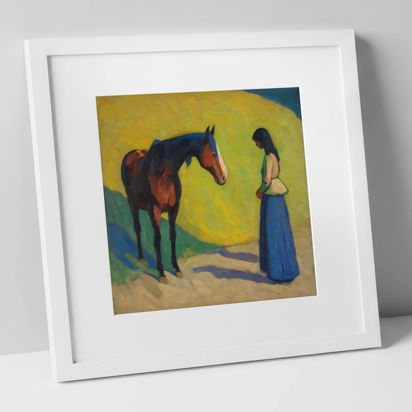 Vibrant Connection horse & rider art print in white frame