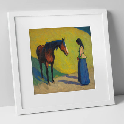 Vibrant Connection horse & rider art print in white frame