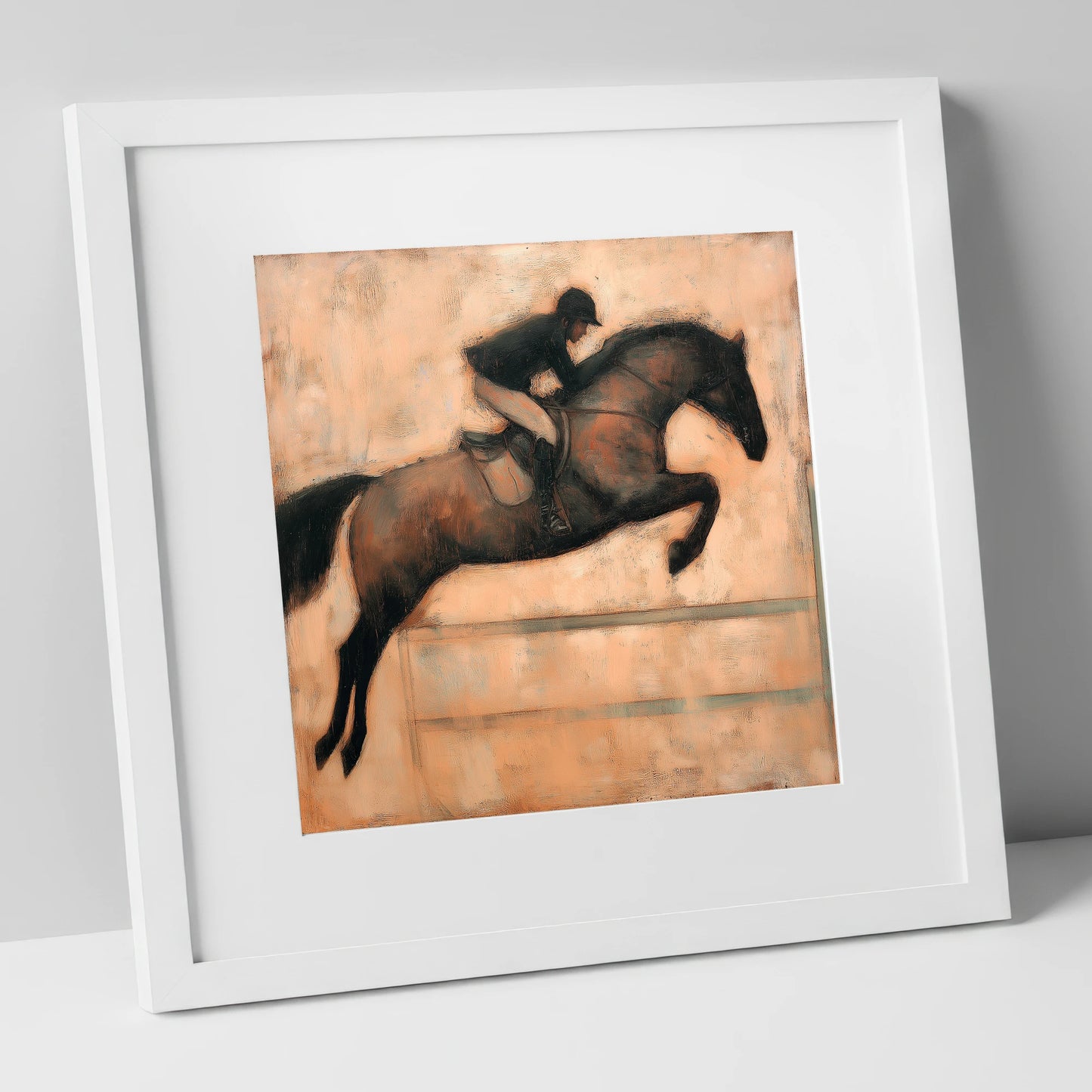 Suspended in Flight show jumping horse art print in white frame