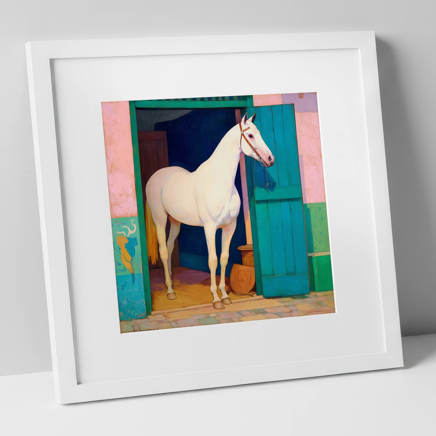 The Turquoise Door horse stable art print in white frame