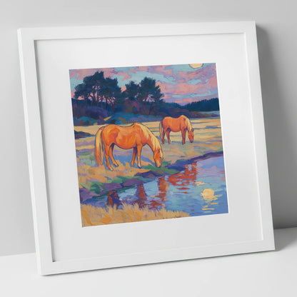 Evening Pasture Reflections horse landscape art print in white frame