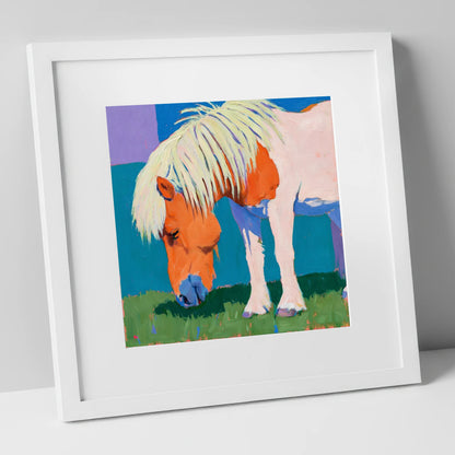 Vibrant Grazing Shetland Pony horse breed art print in white frame