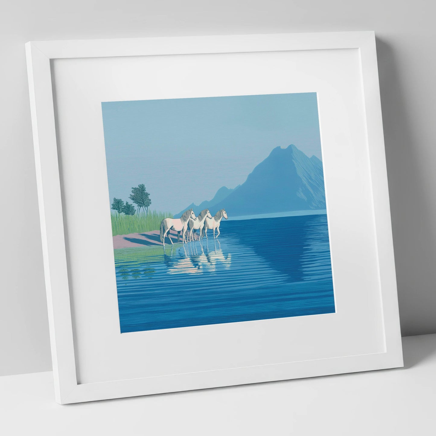 Reflections in Azure wild horses art print in white frame