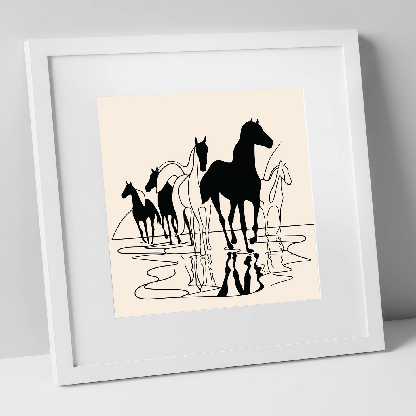 Ink Silhouettes at Water wild horses art print in white frame