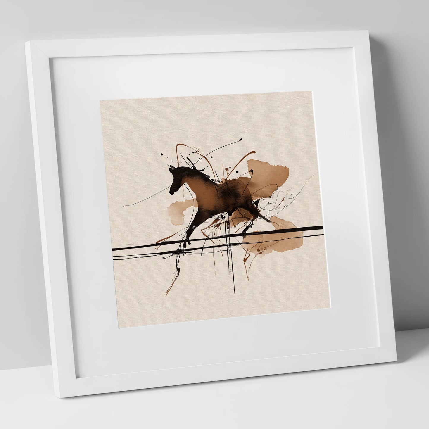 Dynamic Ink Canter horse portrait art print in white frame