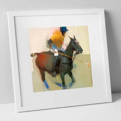 The Offside Drive polo horse art print in white frame