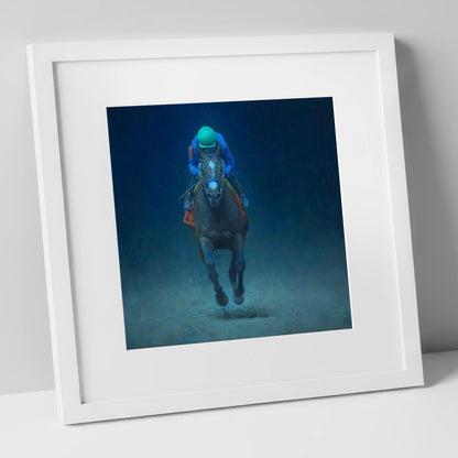 The Indigo Gallop racing horse art print in white frame