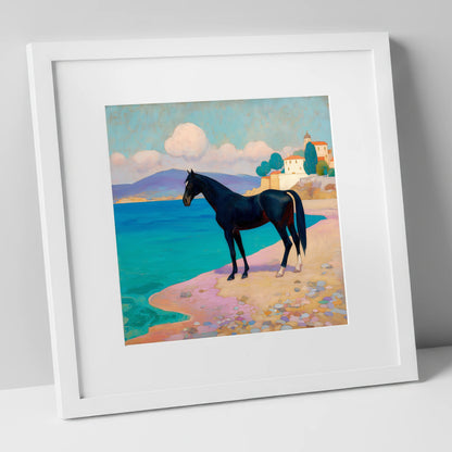 Midnight on the Riviera horse landscape art print in white frame