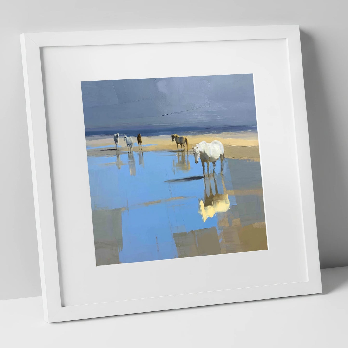Stillness in the Shallows horse landscape art print in white frame