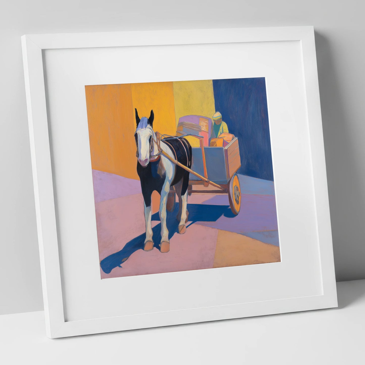 Bold Sunlit Cart Horse working horse art print in white frame