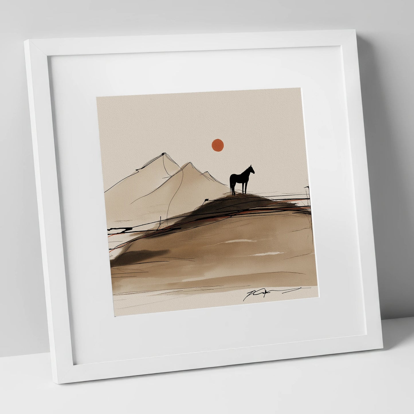 Sepia Ridge Silhouette horse landscape art print in white frame