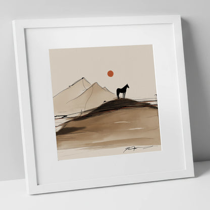 Sepia Ridge Silhouette horse landscape art print in white frame