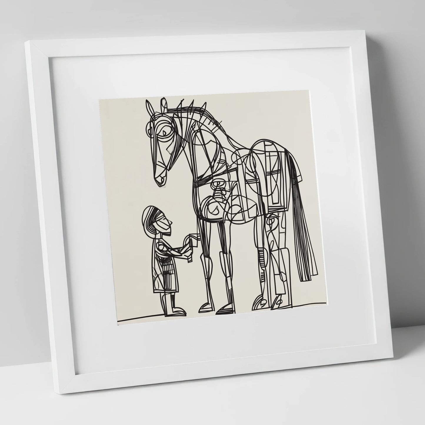 Linear Harmony horse & rider art print in white frame