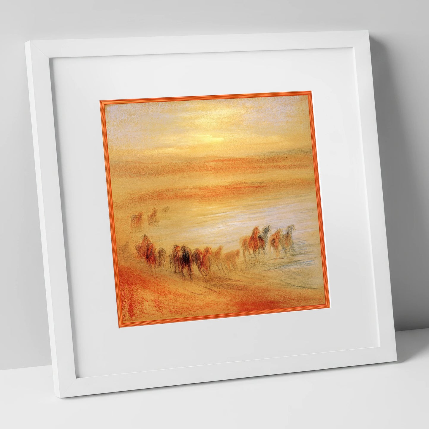 Terracotta Sunrise Herd horse landscape art print in white frame