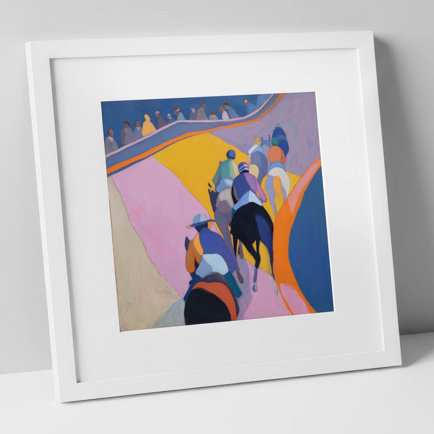 Heading To The Post racing horse art print in white frame