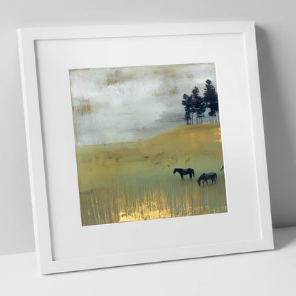 Gilded Grazing wild horses art print in white frame