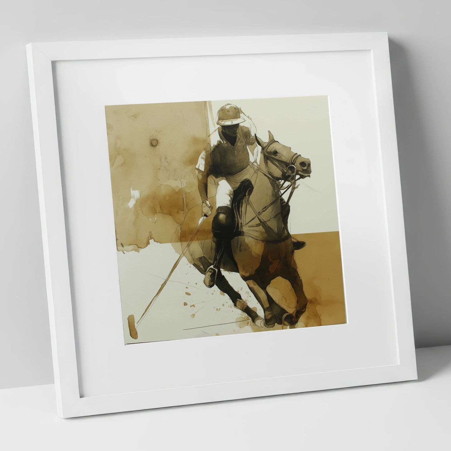Sepia Polo Pursuit polo horse art print in white frame