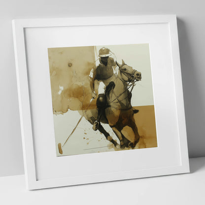 Sepia Polo Pursuit polo horse art print in white frame