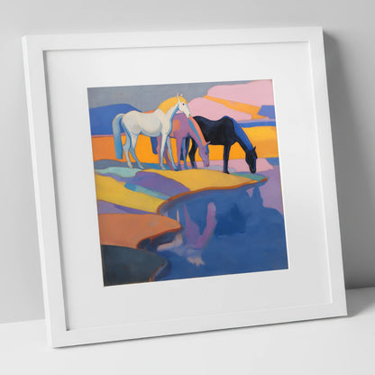 Colours of the Waterhole wild horses art print in white frame