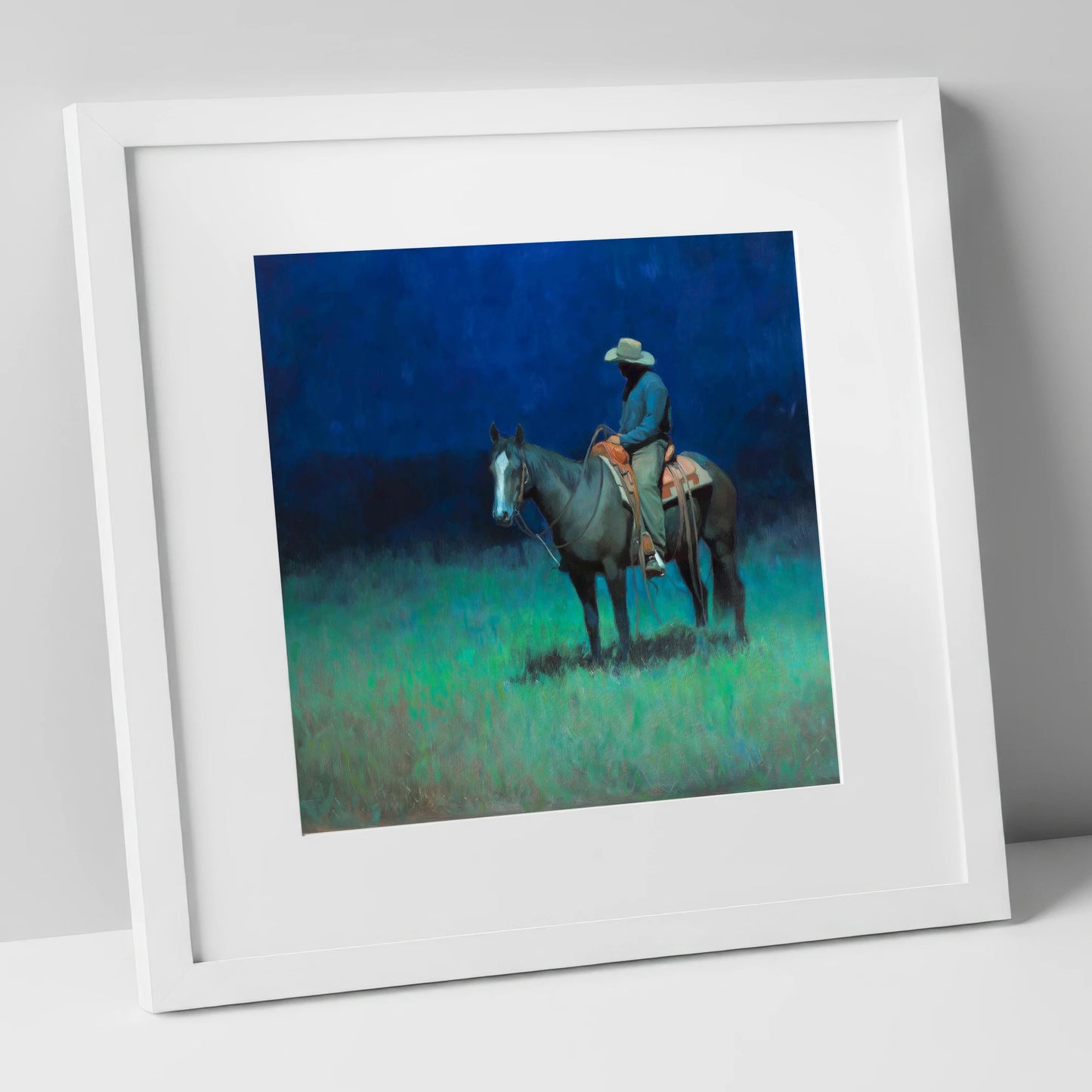Indigo Silence western horse art print in white frame