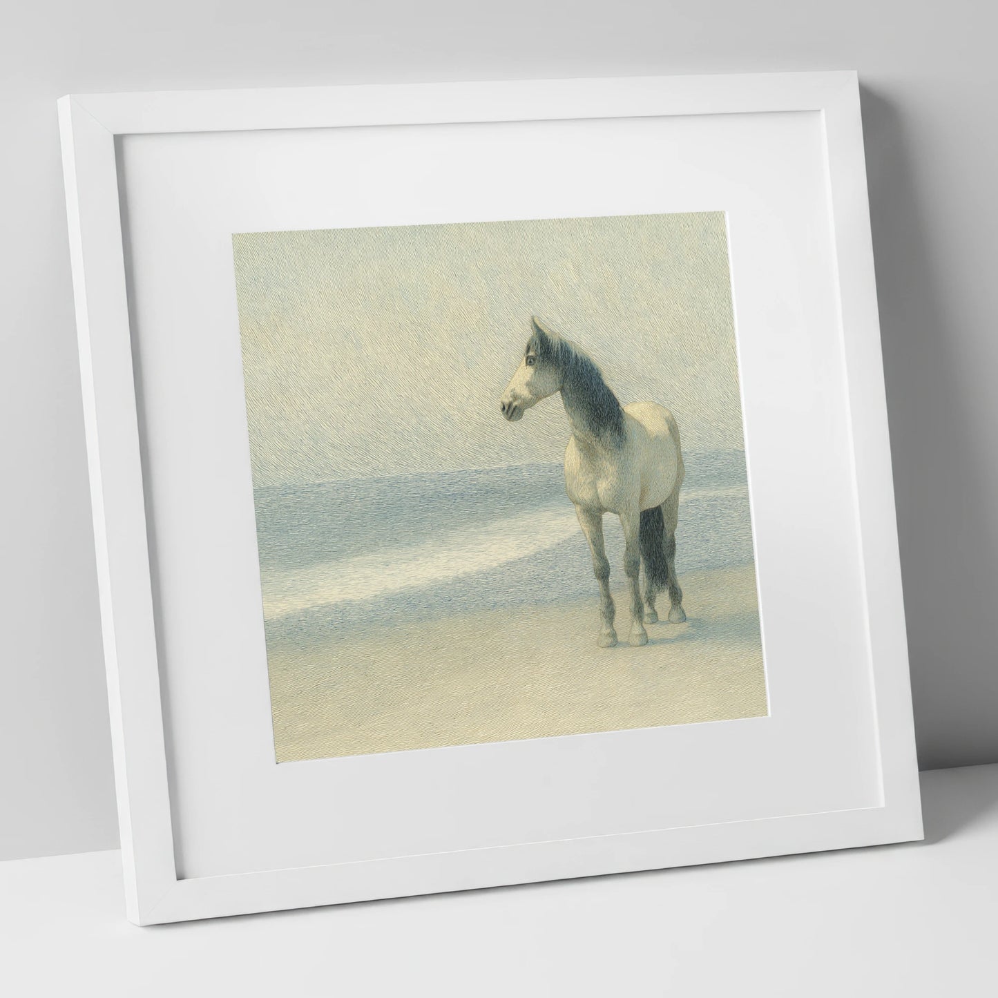 Solitary Shoreline Grey horse landscape art print in white frame