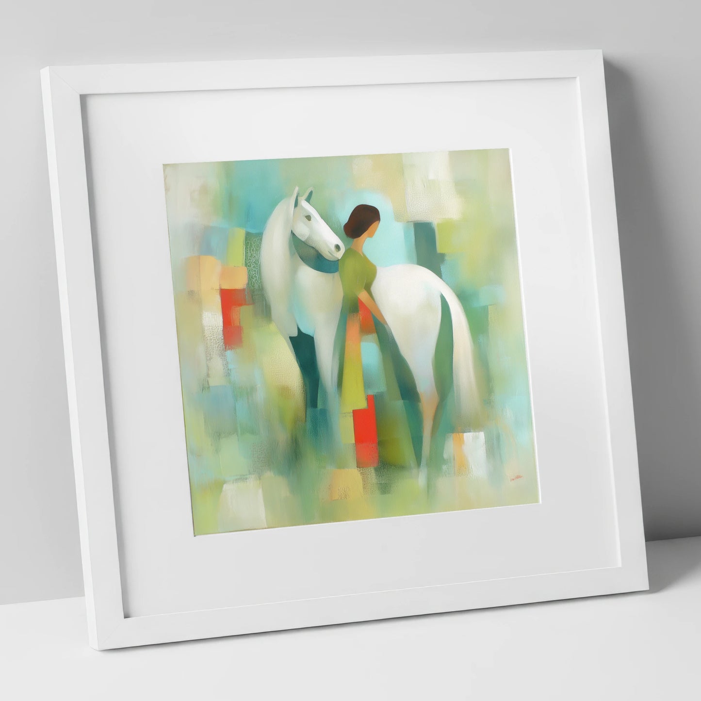 Verdant Harmony horse & rider art print in white frame