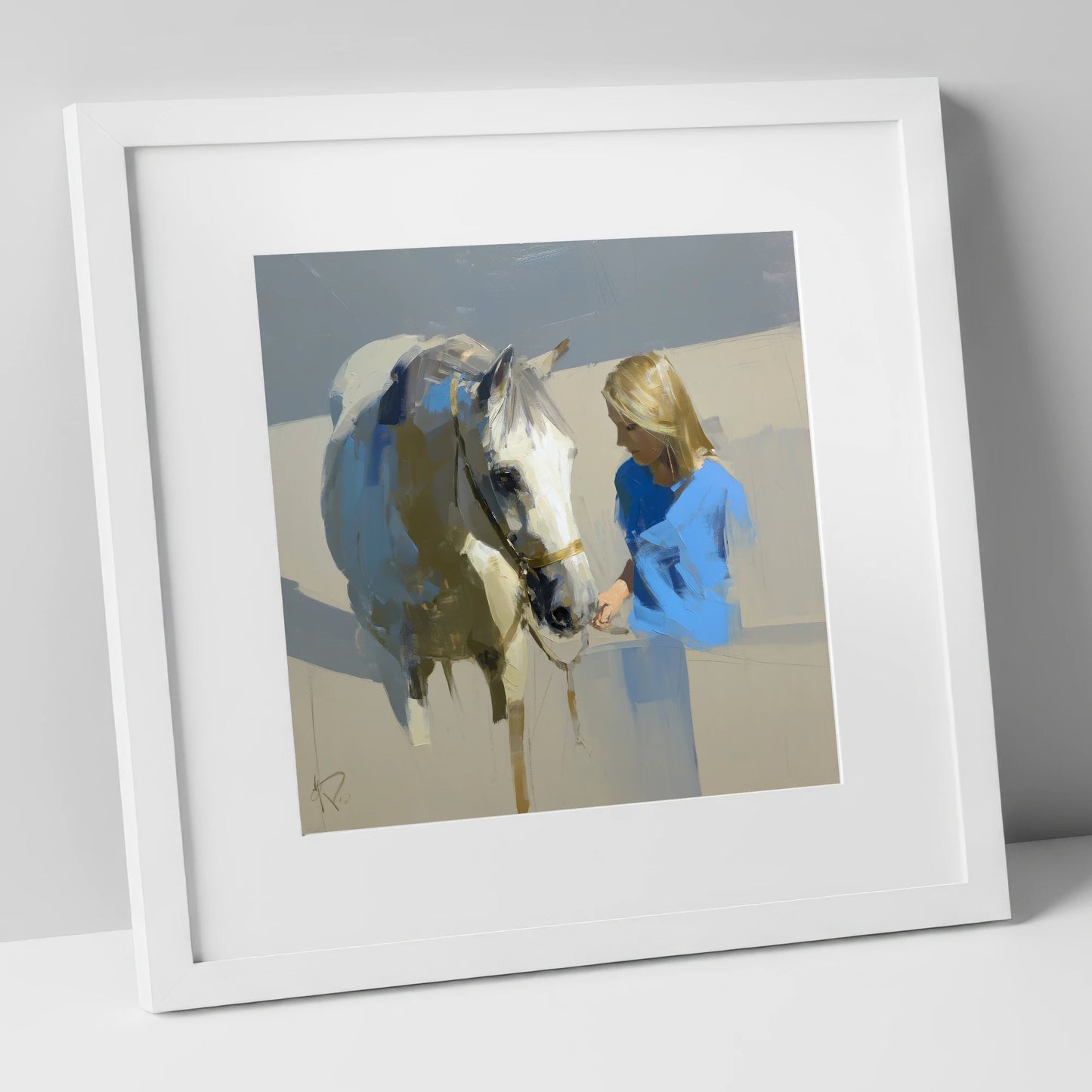 Quiet Connection horse & rider art print in white frame
