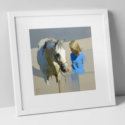 Quiet Connection horse & rider art print in white frame