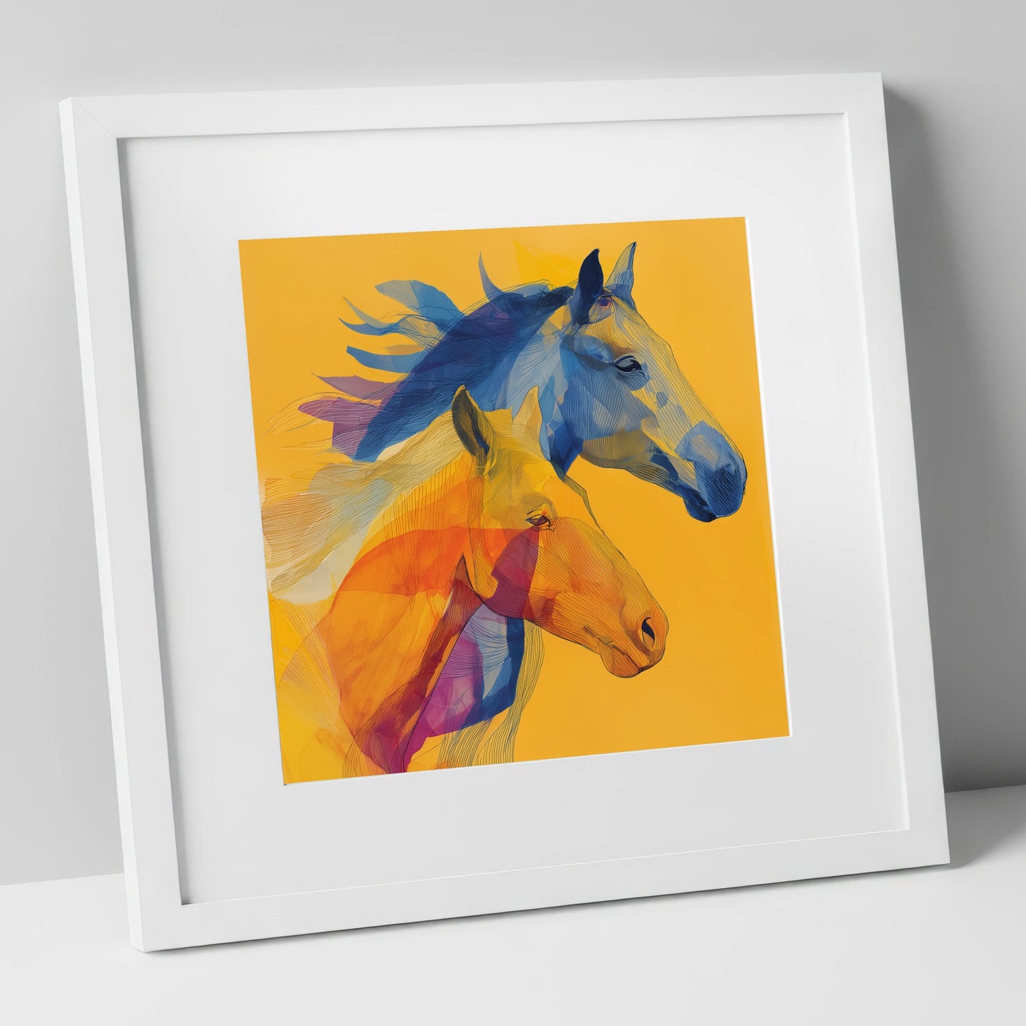 Cobalt and Amber Duet horse landscape art print in white frame