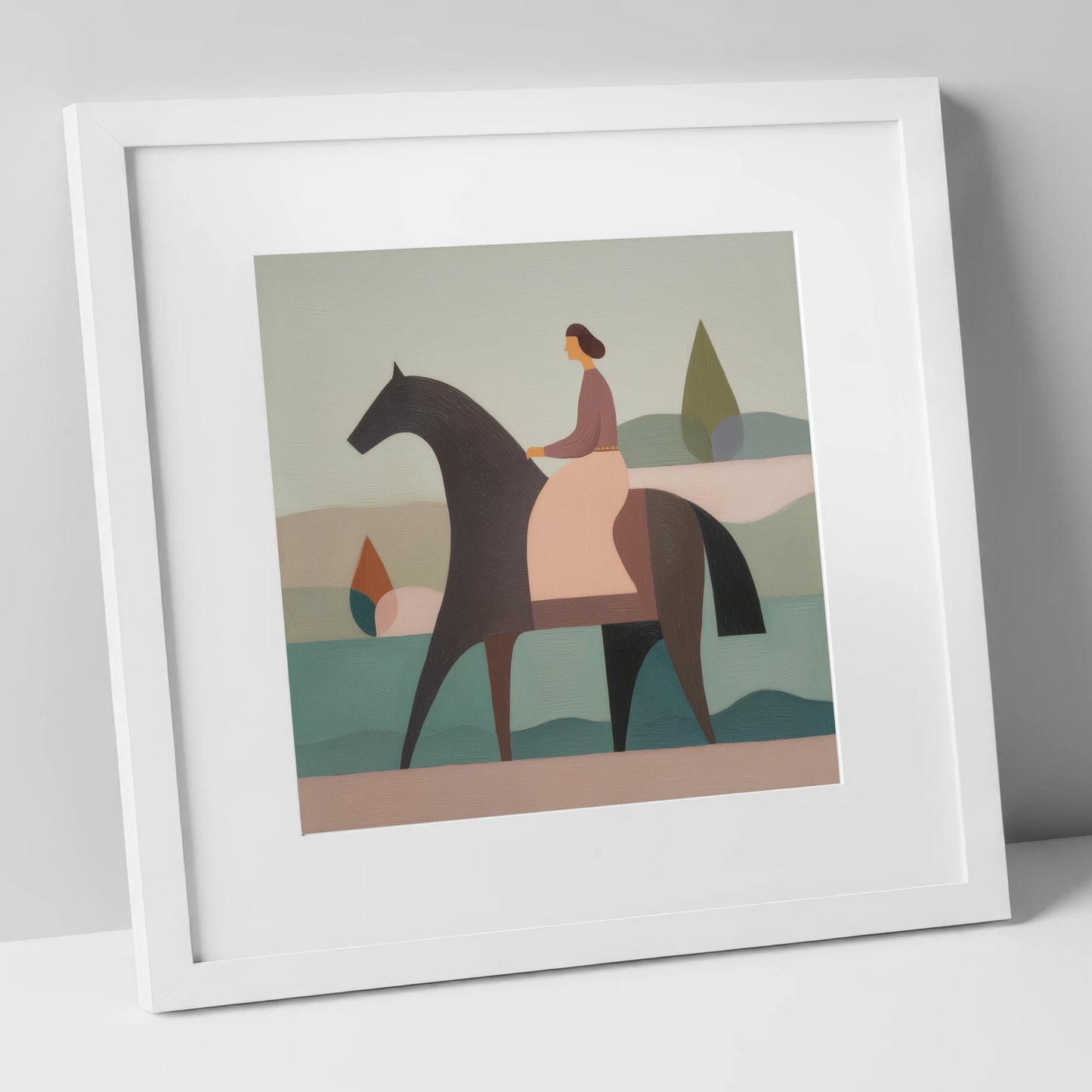 Quiet Harmony dressage horse art print in white frame