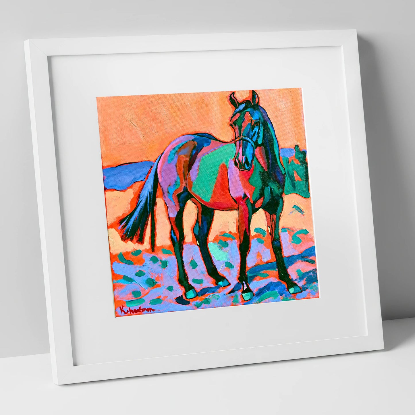 Vivid Turquoise And Purple Horse horse breed art print in white frame
