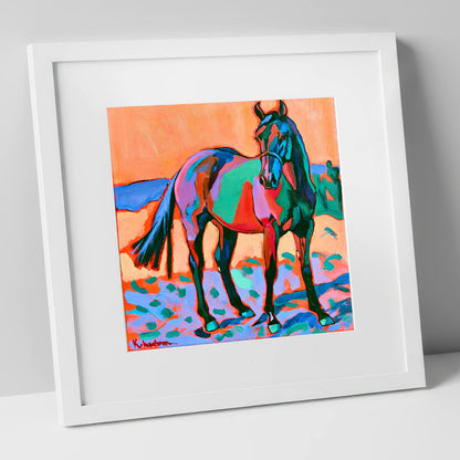 Vivid Turquoise And Purple Horse horse breed art print in white frame