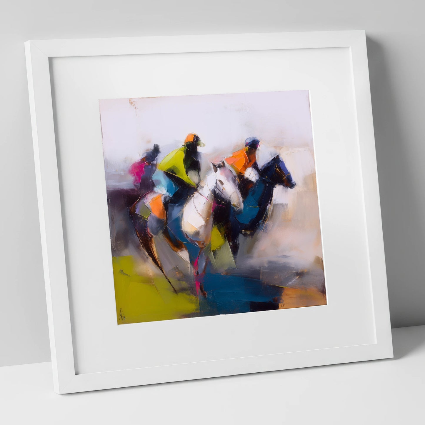 The Vibrant Chase racing horse art print in white frame