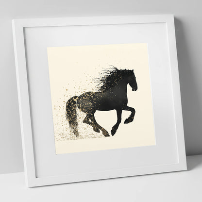Midnight Gold Friesian horse breed art print in white frame