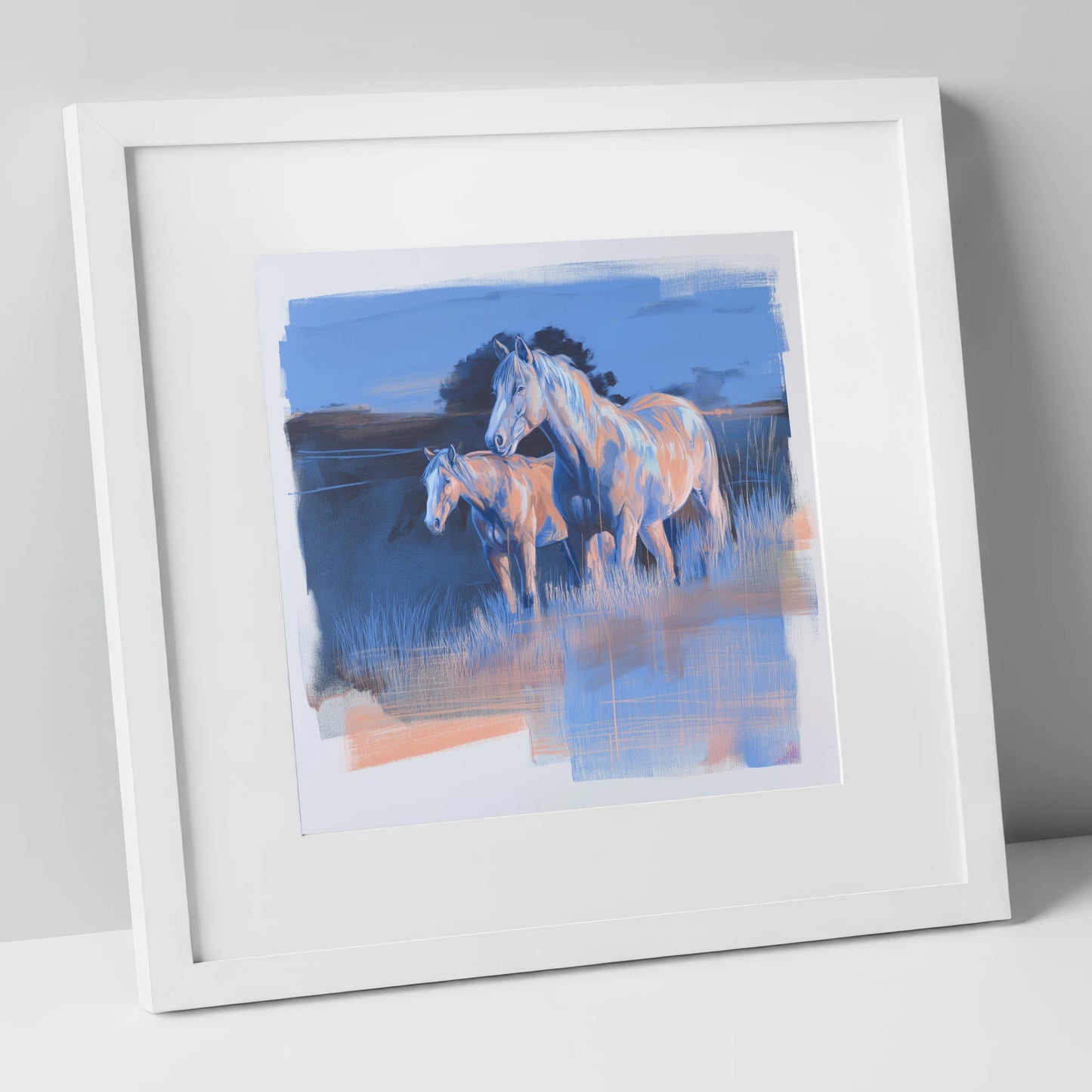 Twilight Companions wild horses art print in white frame