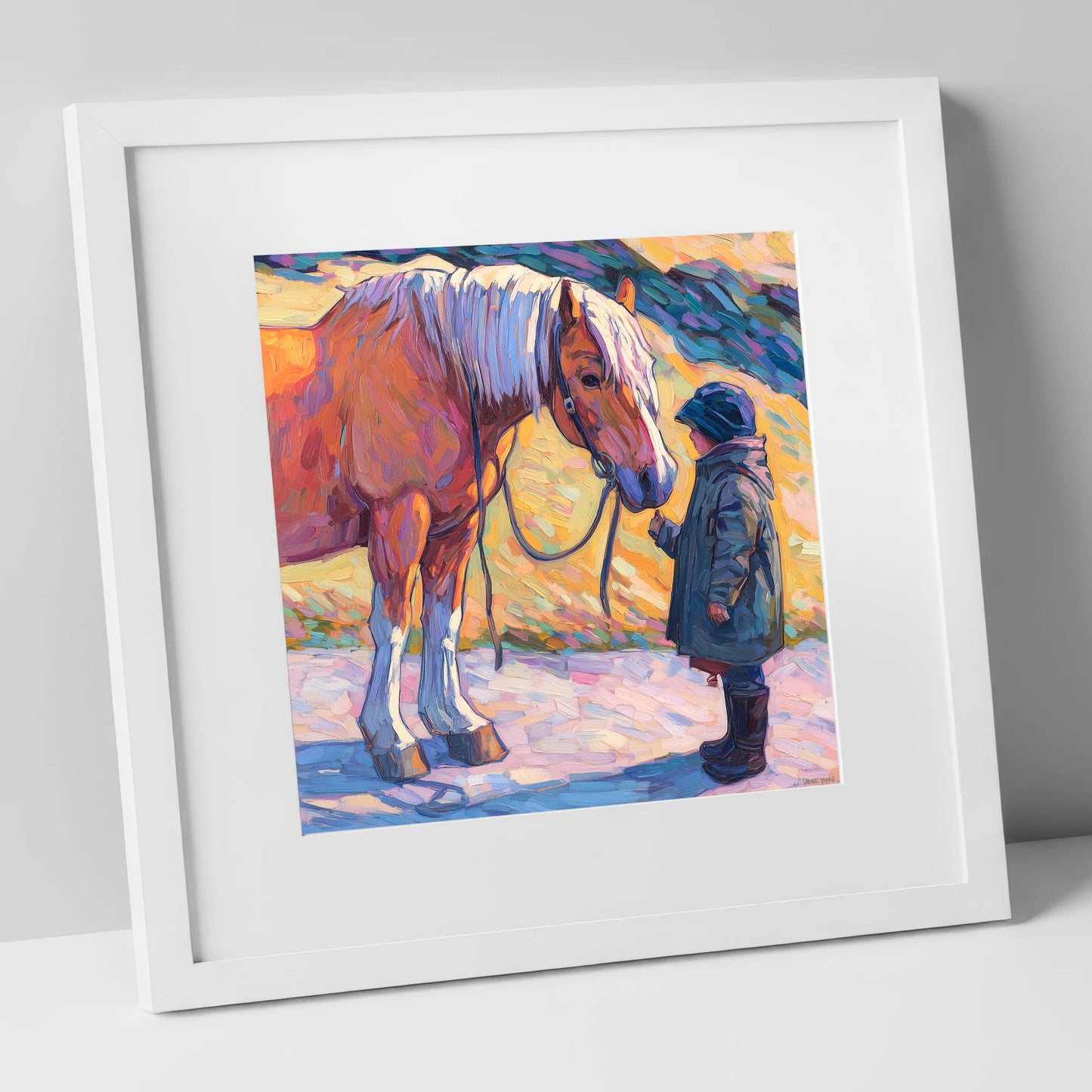 A Gentle Exchange horse & rider art print in white frame