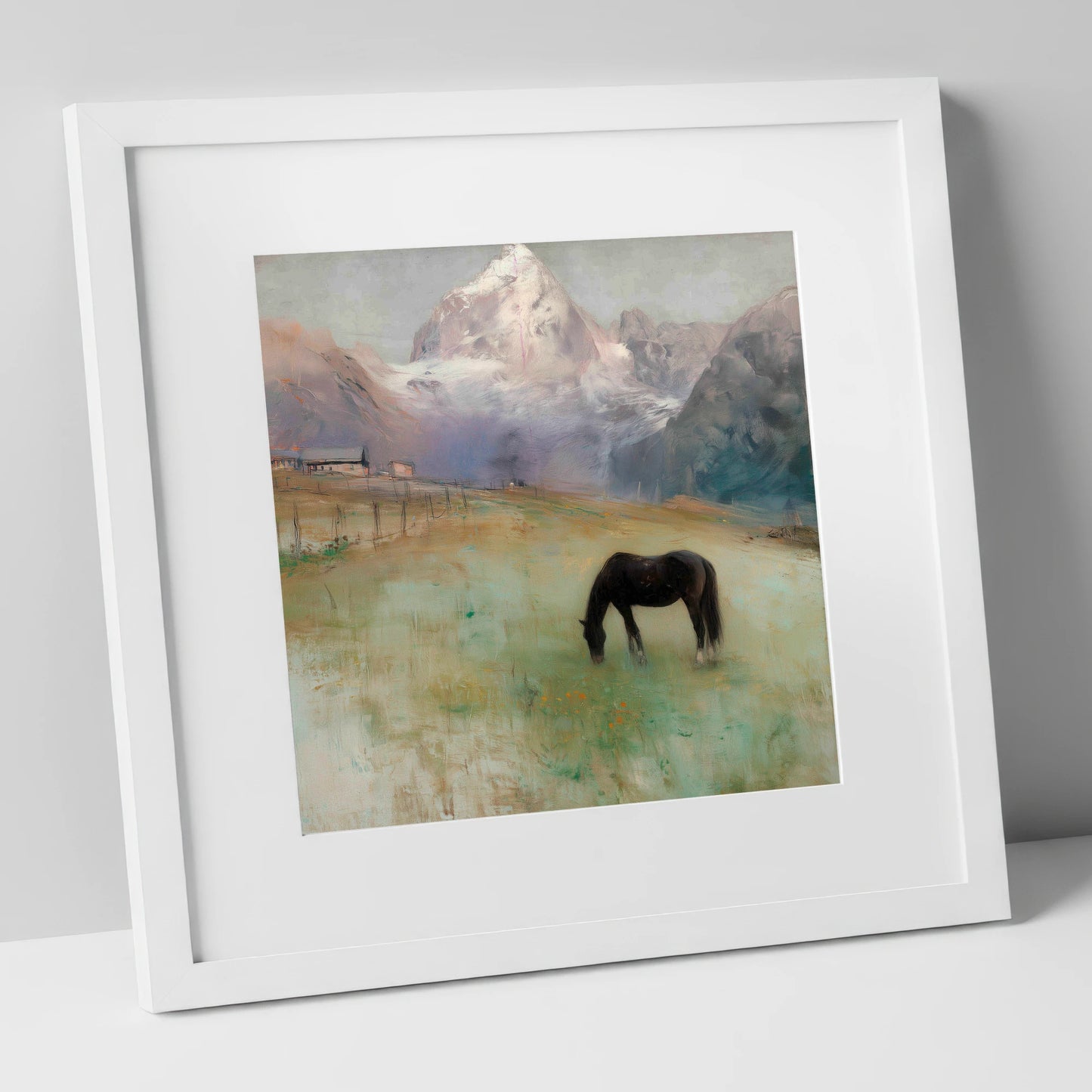 Alpine Pasture Solitude horse landscape art print in white frame