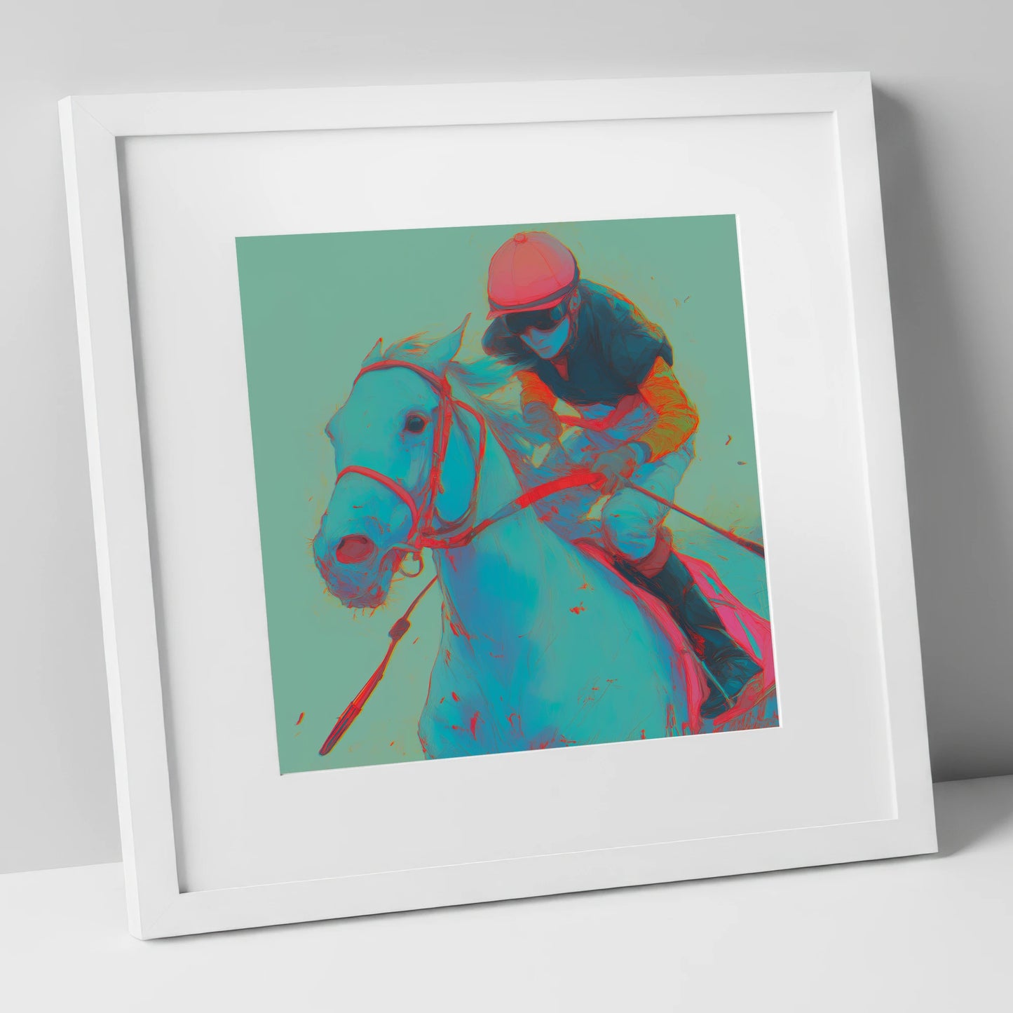 Electric Furlong racing horse art print in white frame