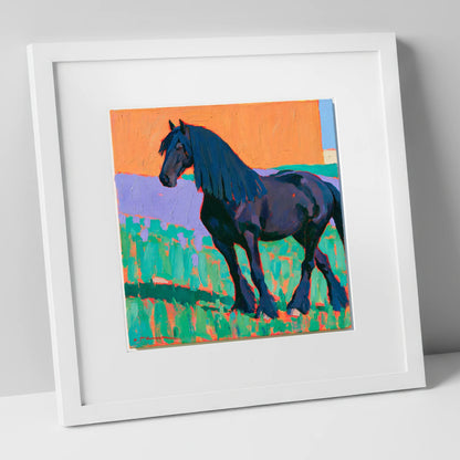 Friesian Horse in Vivid Colour horse breed art print in white frame