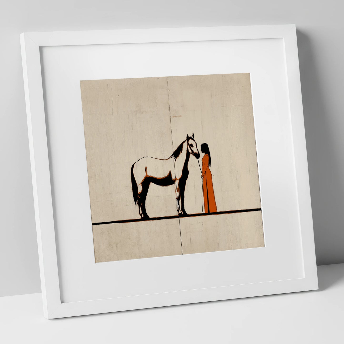 Quiet Connection horse & rider art print in white frame