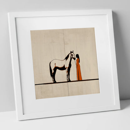 Quiet Connection horse & rider art print in white frame