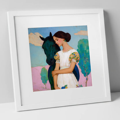 Quiet Colourful Bond horse & rider art print in white frame