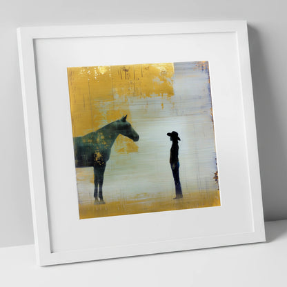 Golden Western Silhouette western horse art print in white frame