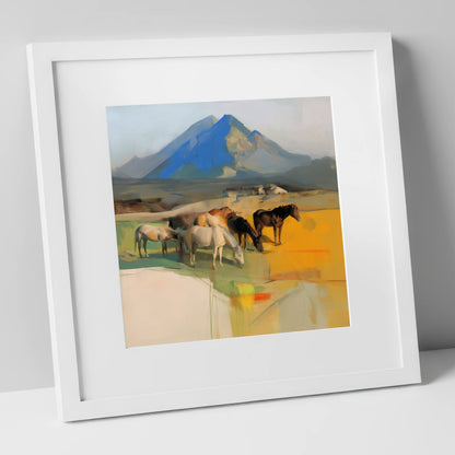 Grazing Beneath Cerulean Peaks horse landscape art print in white frame