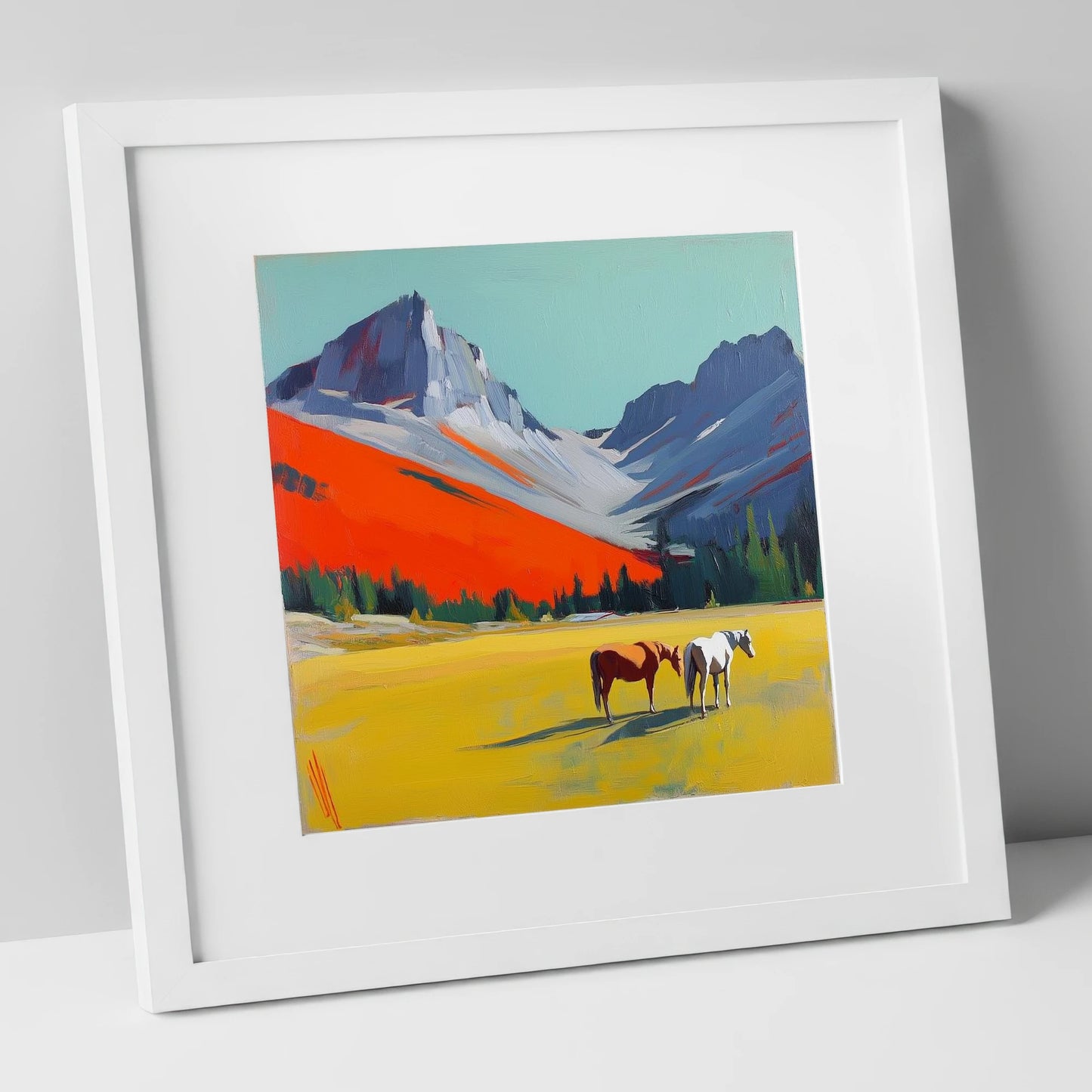 Vivid Mountain Meadow horse landscape art print in white frame