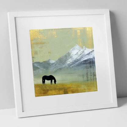 Gilded Mountain Solitude horse landscape art print in white frame