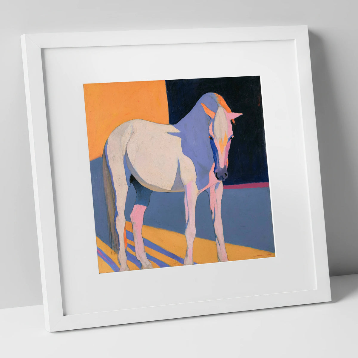 Vibrant Colour Block Grey Horse horse breed art print in white frame