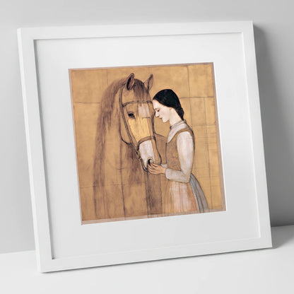 Quiet Connection horse & rider art print in white frame