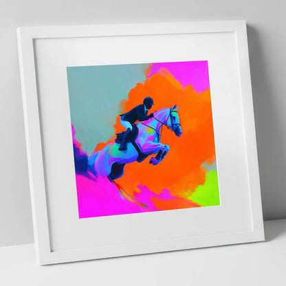 Vivid Showjumping Flight show jumping horse art print in white frame